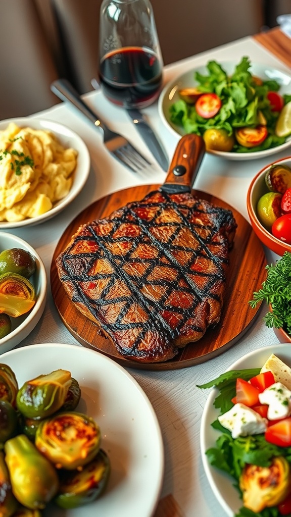A delicious steak dinner with sides of mashed potatoes, roasted Brussels sprouts, and Caesar salad on a well-set dining table.